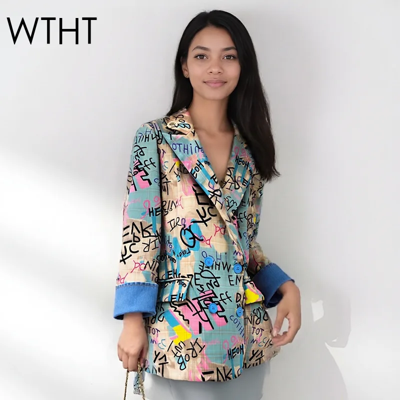 

WTHT New Fashion Women Denim Spliced Plaid Print Casual Blazer 2025 Winter Trendy Lapel Long Sleeves Loose Jacket Female 1LS2784