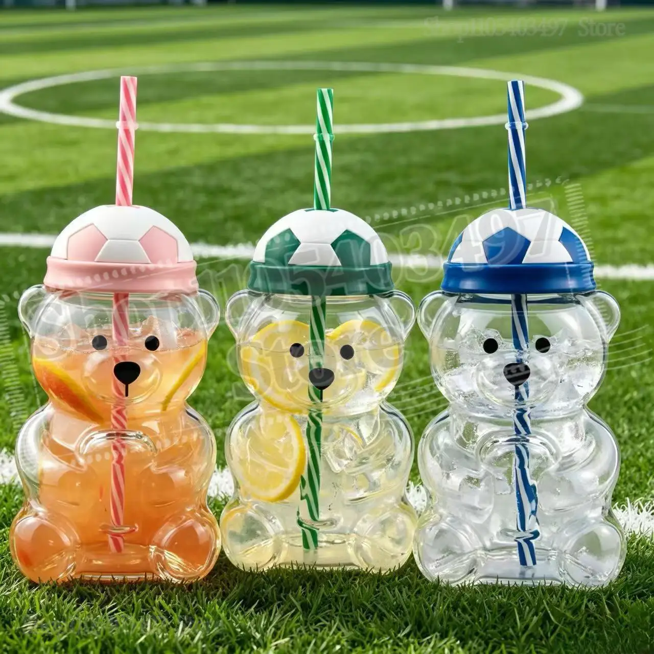 3D Cute Bear Shaped Glass Tumbler with Football Lid & Striped Straw,Clear Glass Water Cup,Soccer Themed Beverage Mug for Party