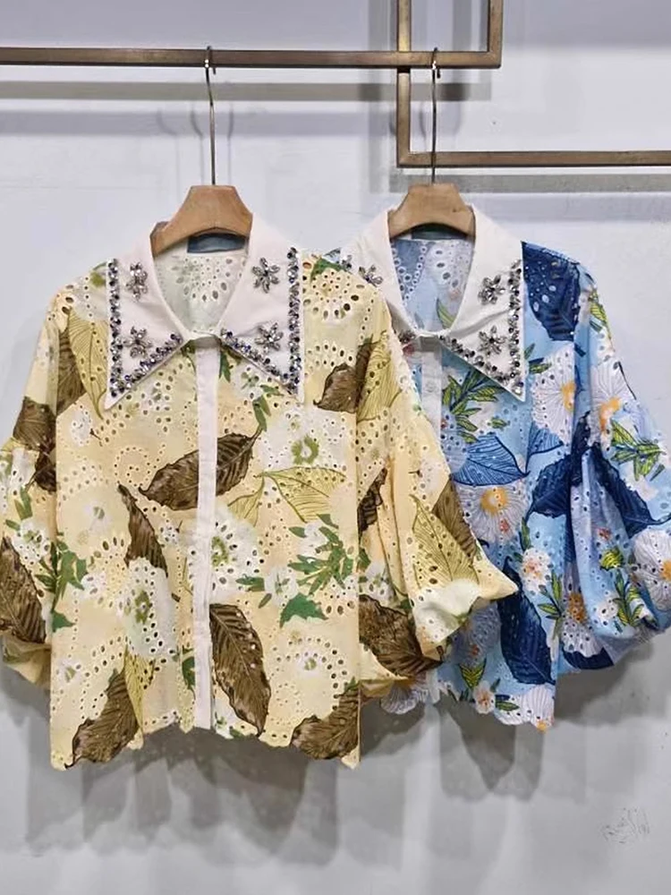 

High end Design 2025 Summer New Loose Fashion Heavy Industry Diamond Collar with Hollow Embroidery Pattern Women's Shirt