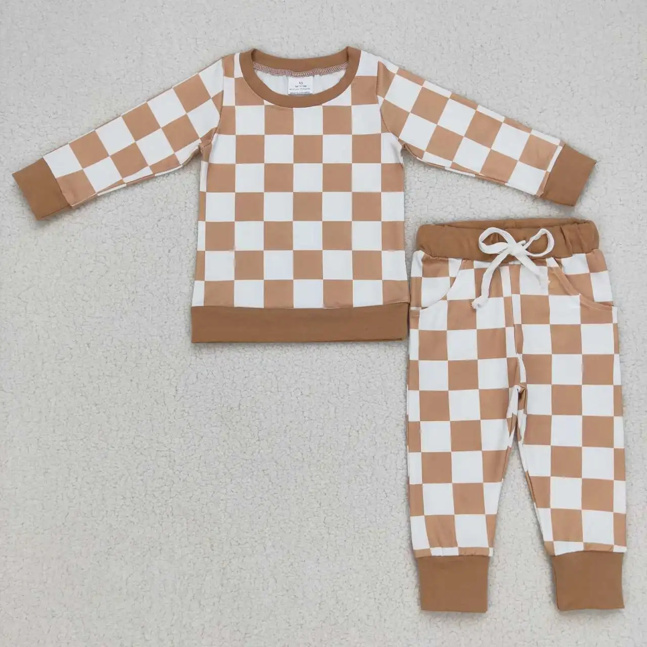 Wholesale Baby Boy Girl Set Long Sleeves Checkered Pullover T-shirts Children Pocket Pants Pajamas Clothing Toddler Kids Outfit