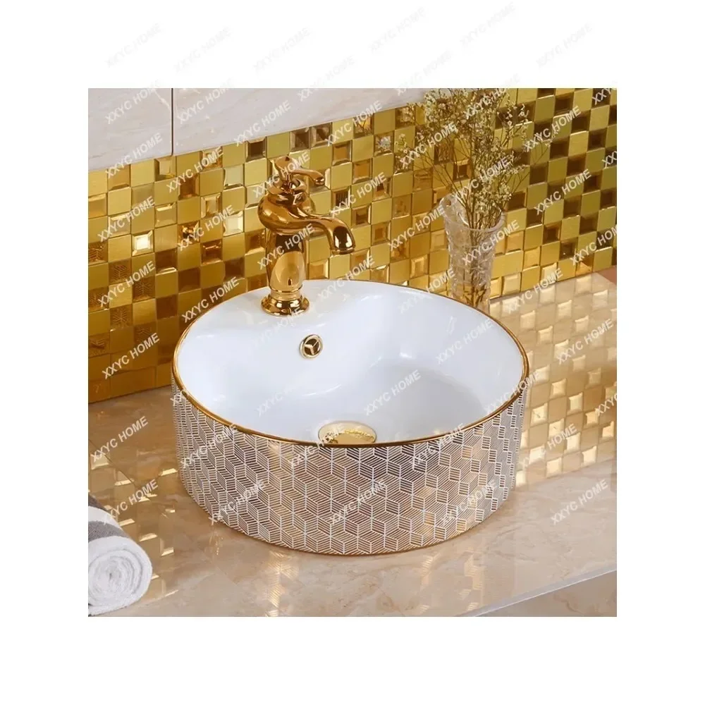 

Gold Plated Silver round Table Basin Ceramic Hand Washing Washbasin