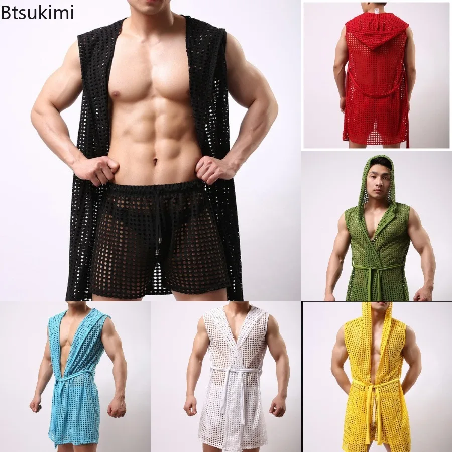 2026 Men's Sexy Solid Color Bathrobe Sleeveless Hollow Out Mesh Hooded Cardigan Shawl for Men Lace-up Night Robe Homewear Male