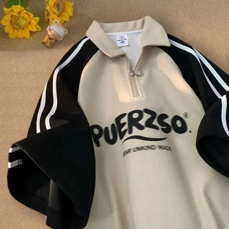 Polos de algodón con gofres americanos, camiseta a rayas de manga corta con cuello vuelto y cremallera, camisetas informales holgadas para hombres y mujeres, camisetas Harajuku