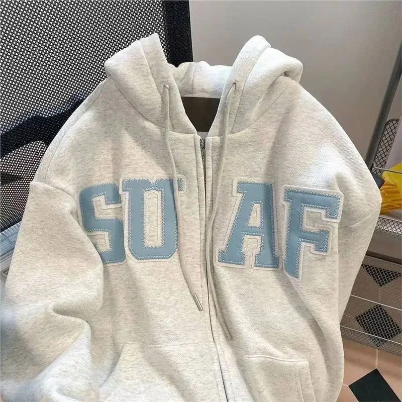 سترة سميكة من الصوف بغطاء للرأس وسحاب مفتوح سترة نسائية للخريف والشتاء معطف كلاسيكي على طراز الكلية الأمريكية