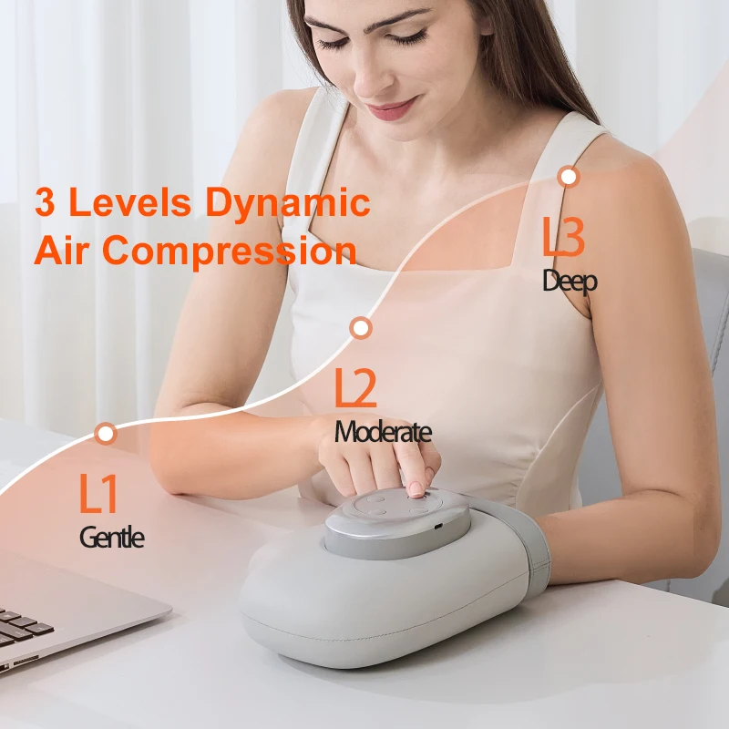 Hand Massager with 3-level Air-Pressure Heat Relaxation Massage Fingers Pain Relief for Office Computer Workers