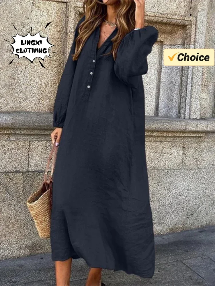 2024 Summer Fashion Cotton and Hemp Long Casual Solid Color Dress V-neck Elegant Half Open Front Women\'s Long Sleeved Robe