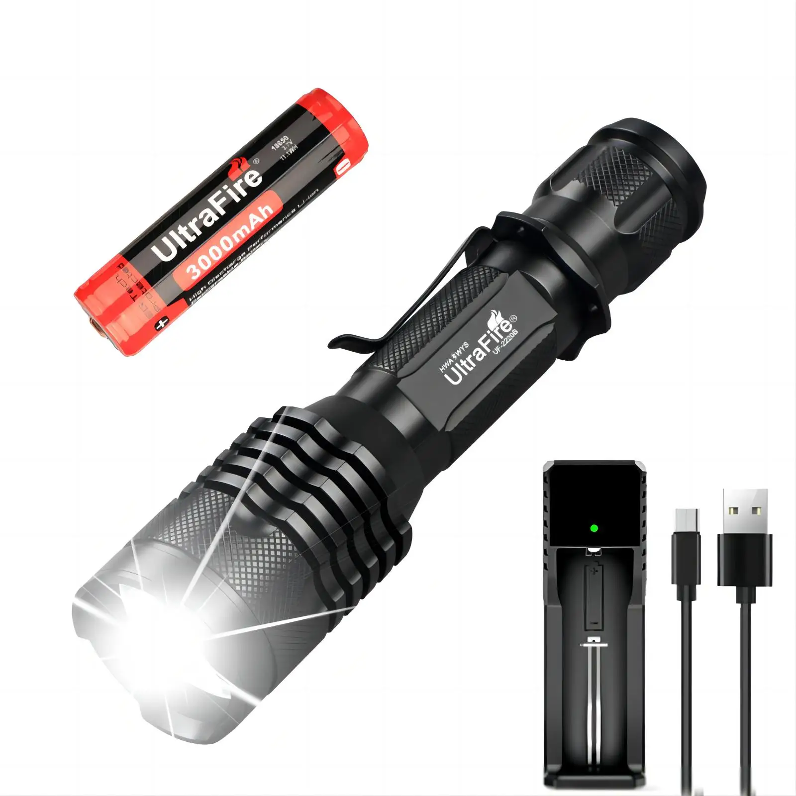 UltraFire UF-2220B Rechargeable Tactical Flashlight 1200LM 3 Modes Waterproof Outdoor LED Light Seaching Torch Lamp For Camping