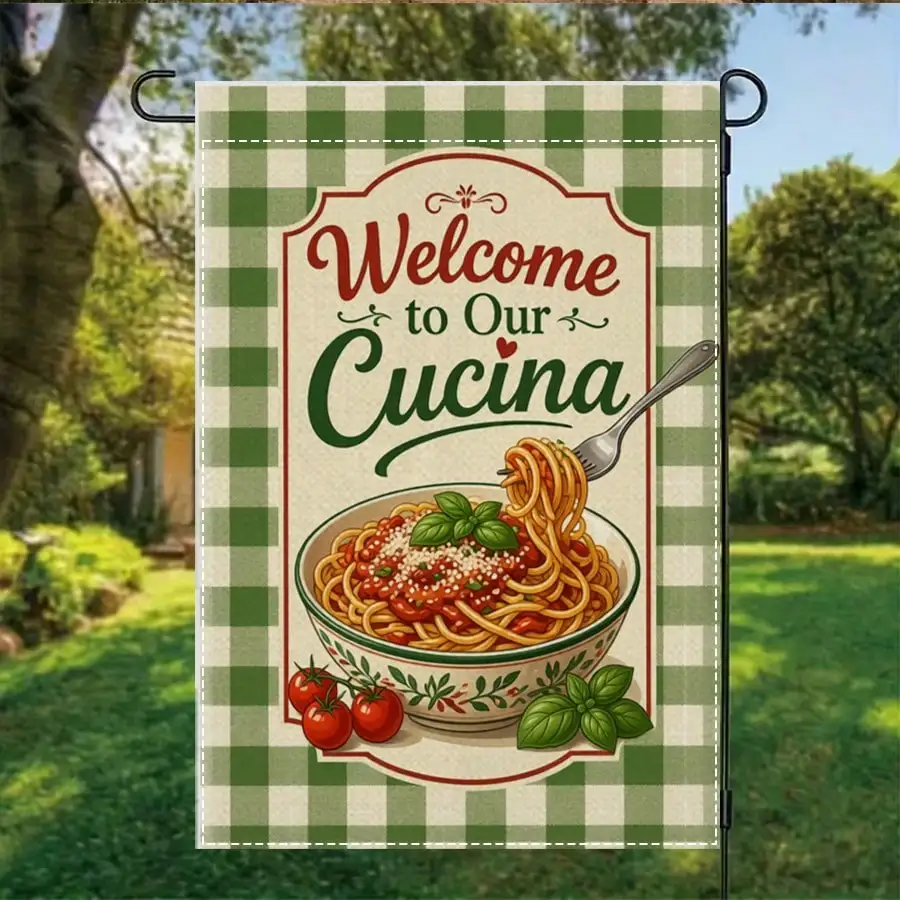 

1pcWelcome to Our Cucina Garden Flag, Green Gingham Italian Kitchen Decor, Spaghetti Pasta Design, Indoor Outdoor Home Decoration, Rustic Yard Sign
