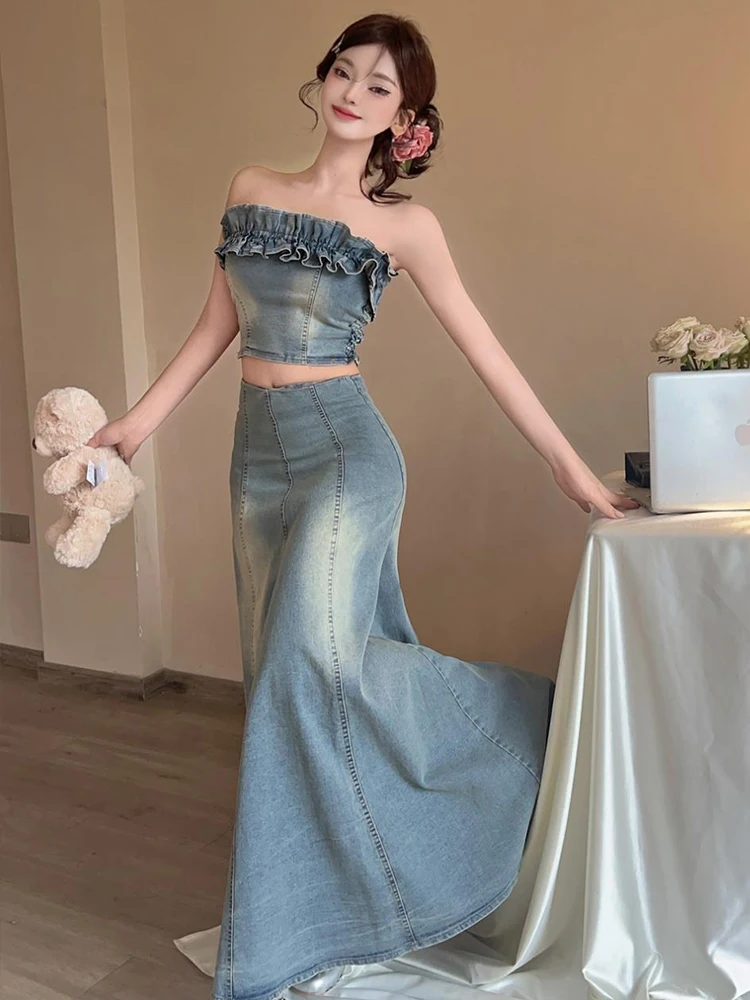 Traje de vacaciones Sexy Retro para mujer, chaleco vaquero corto sin tirantes con volantes, Tops, blusa, falda larga, conjuntos de 2 piezas para mujer