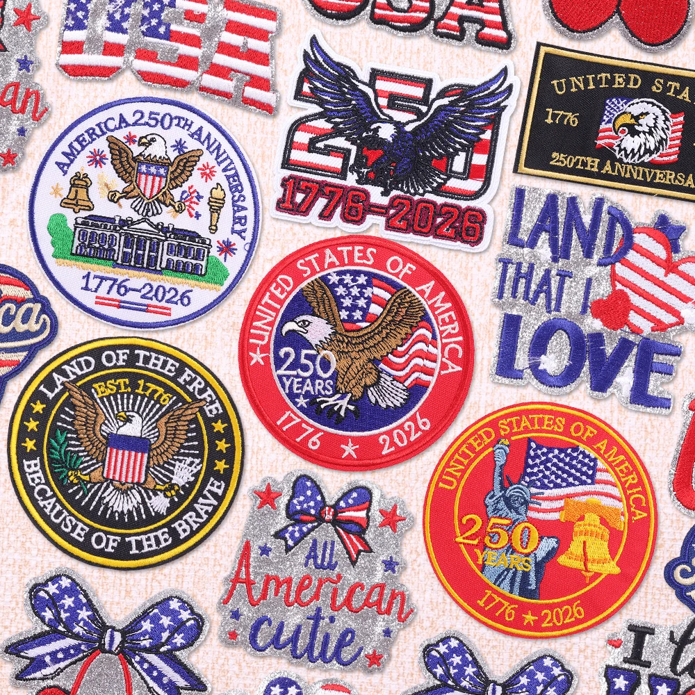

USA Patriotic Glitter Embroidery Patches - 1776-2026 250th Anniversary Iron On Patches for Clothing Jackets Hats Backpacks Decor