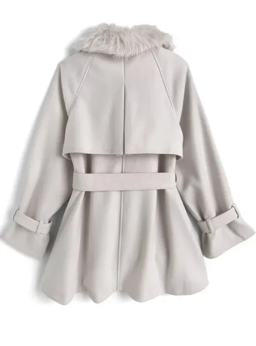

Japanese Style New Mid-length Coats with Detachable Fur Collar and Belt Waist-Cinching Cape Versatile Woolen Coat for Women