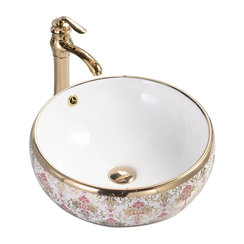 

Electroplated gold edge pattern round art basin multi-layer glazed ceramics