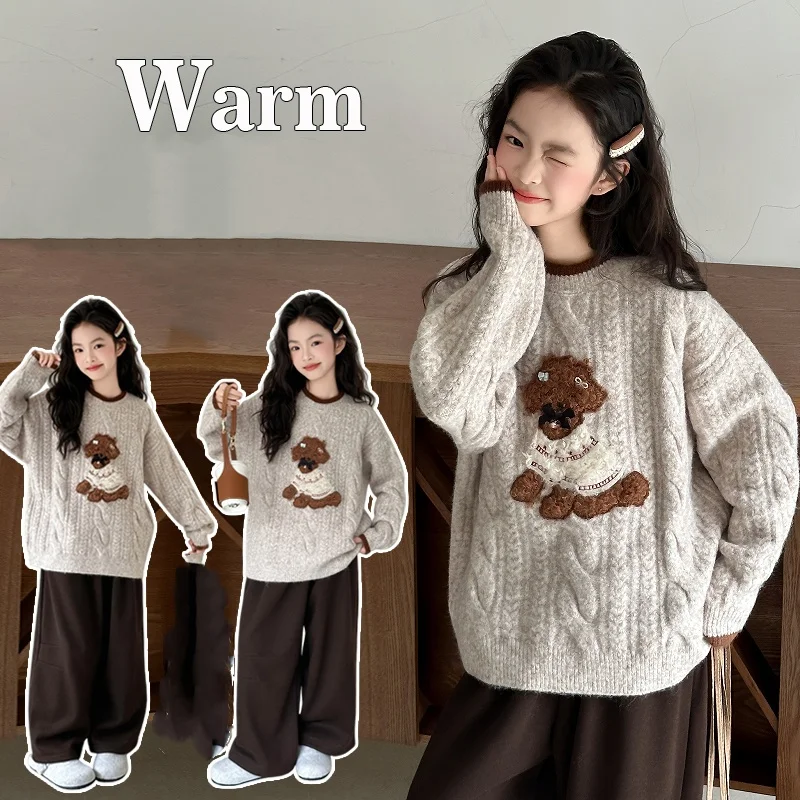 

2025 New Girl's Knitted Sweater Pure Cotton Cartoon Teddy High Quality Autumn and Winter Sweater Christmas Atmosphere Ages 4-14Y