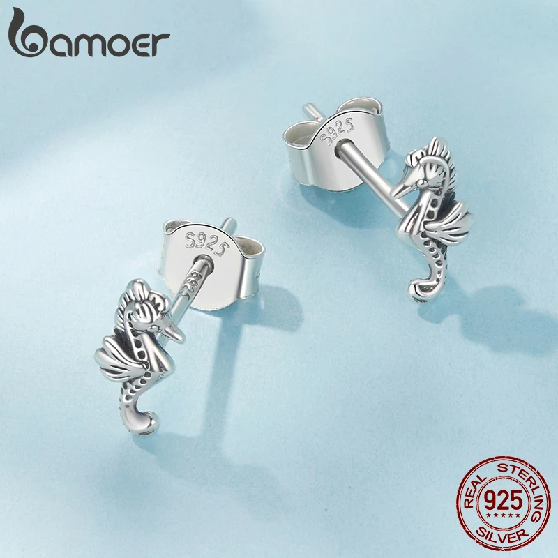 BAMOER Niedliche Seepferdchen-Ohrringe aus 925er-Sterlingsilber, kleine Tier-Huggie-Ohrstecker, Schmuck, Geschenke für Frauen, Teenager, Mädchen, SCE1871