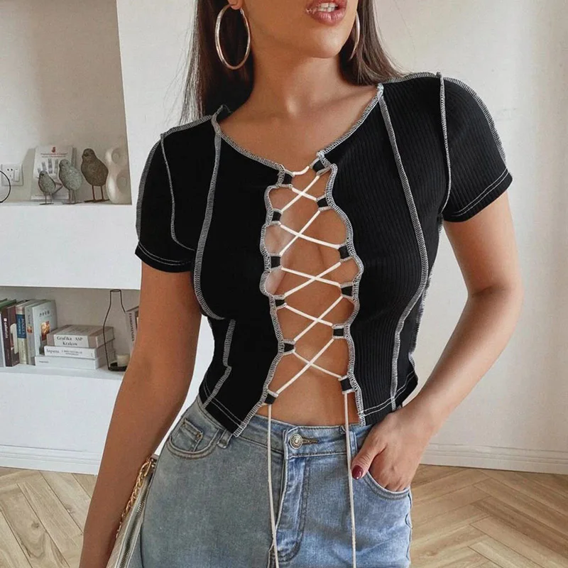 Vintage Patchwork Kırık Tasarım Örgü Kırpma Üst Kadınlar Için Sokak Bandaj Giyim Tees Punk Tarzı Uzun Kollu T-shirt Kadın giysileri