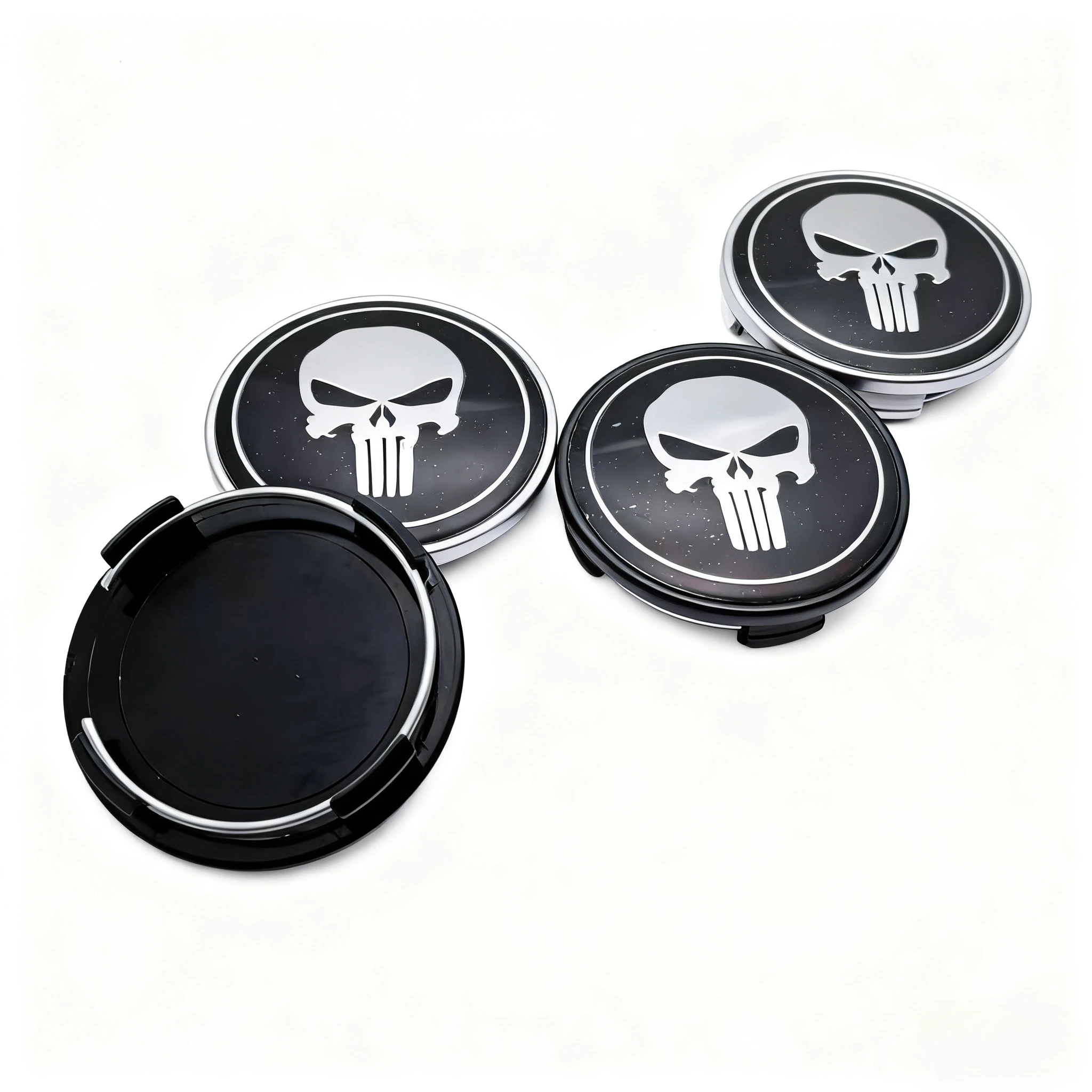 4er-Set Totenkopf-Logo-Emblem-Abdeckungen für Radnaben, 65 mm Clips, 60 mm Radnaben-Staubschutzkappen, Felgenabdeckungen, Ersatz-Autozubehör