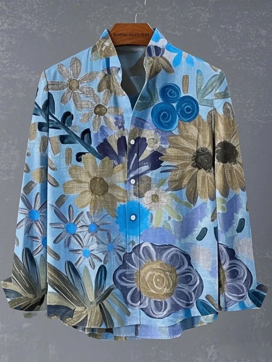 New spring, summer and autumn men's and women's stand-up collar long-sleeved shirts, elegant floral print tops fast delivery