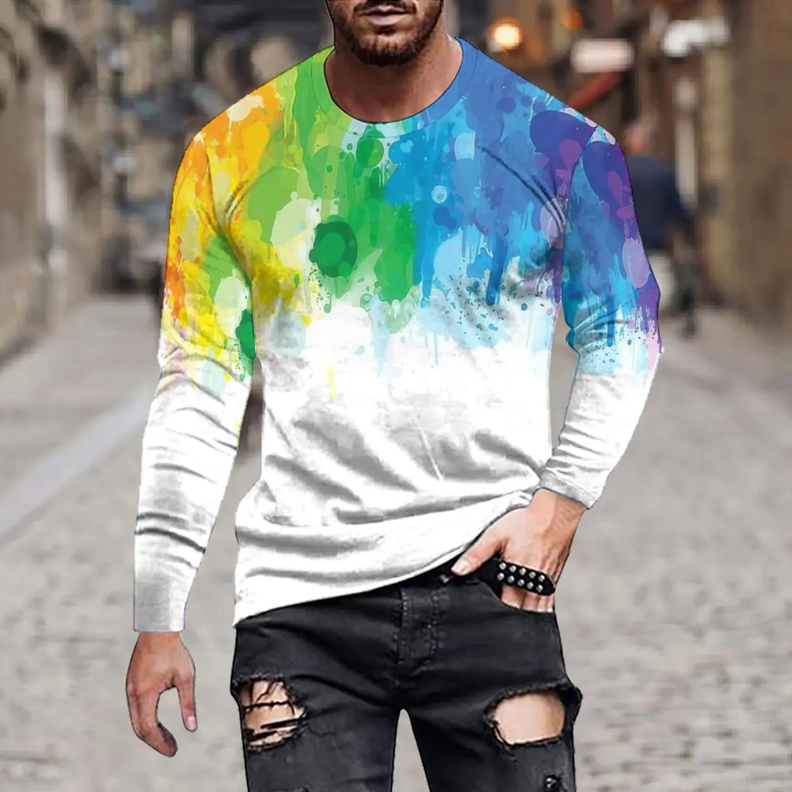 Fashion Spring And Autumn Men's Simple Irregular Splash-Ink Gradual Printing Loose Casual Tie-Dye Long-Sleeved Round Neck Hoodie