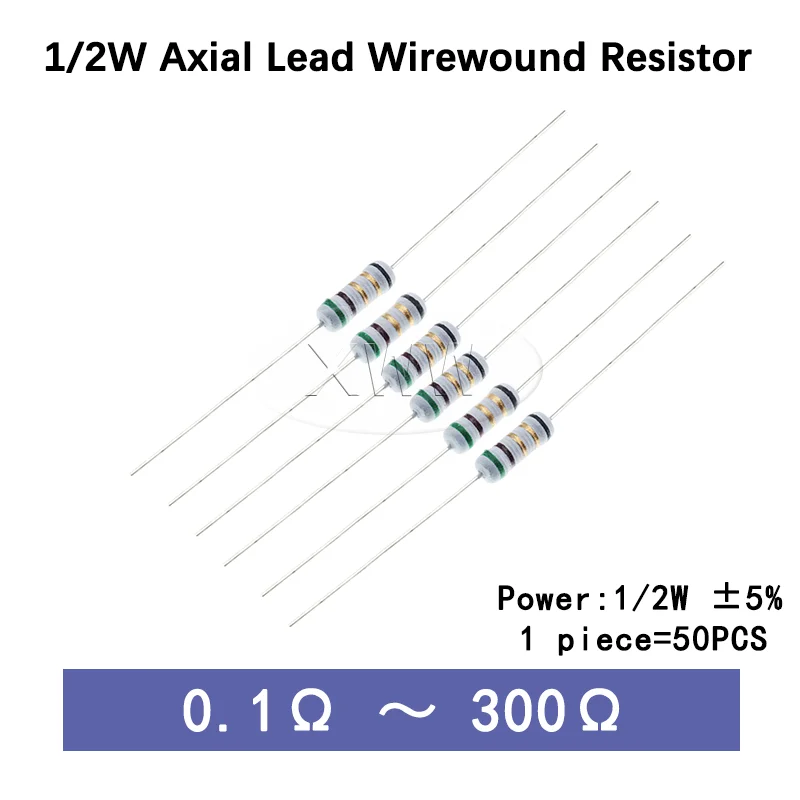 50pcs 1/2W 0.5W 5% Wire Wound Resistor Fuse Resistor, 0.1R‑300Ohm Low Resistance Current Limiting Winding Resistance, 0.1Ω 100Ω