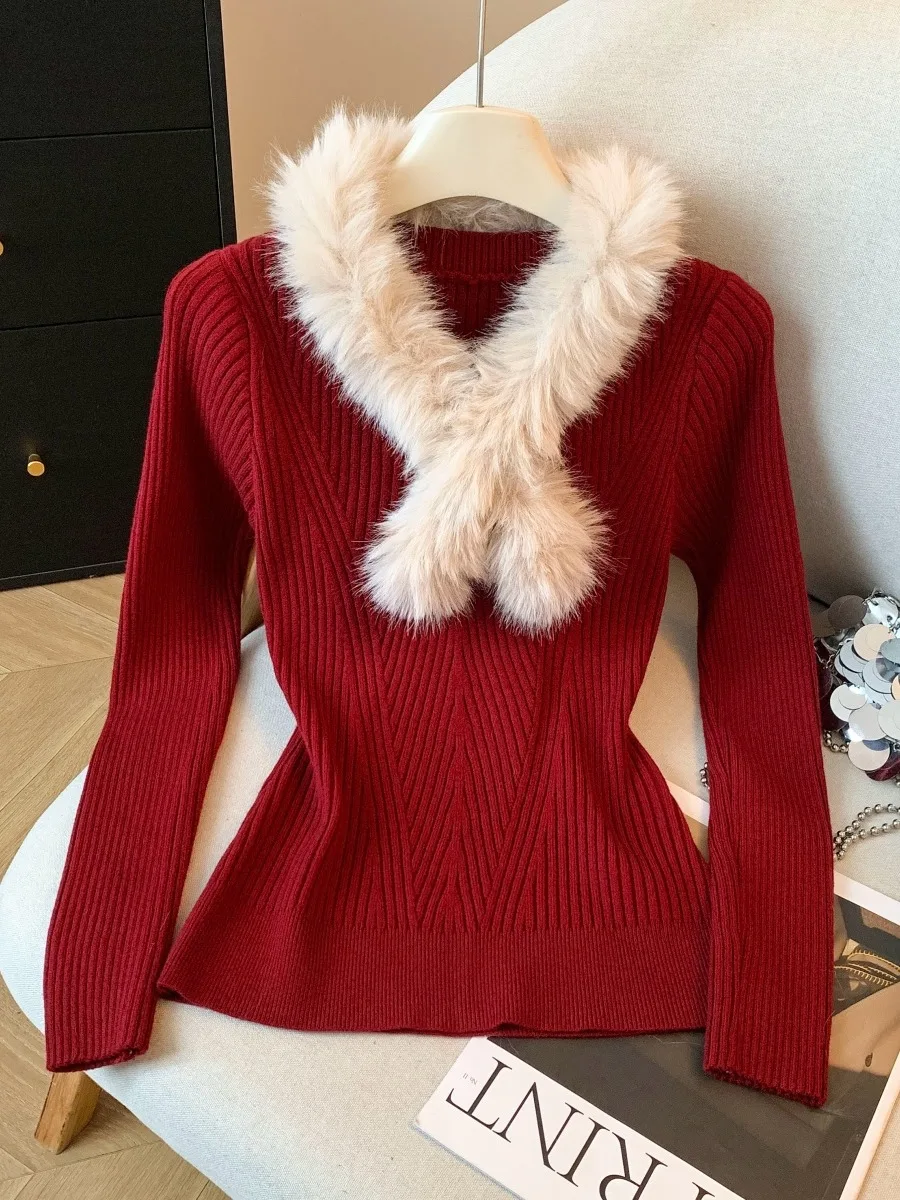 

Women's Knitted Sweater Faux Fur Collar V-Ne Winter Faion Cisas Aosphere Slimming Base Layer Top Detachable