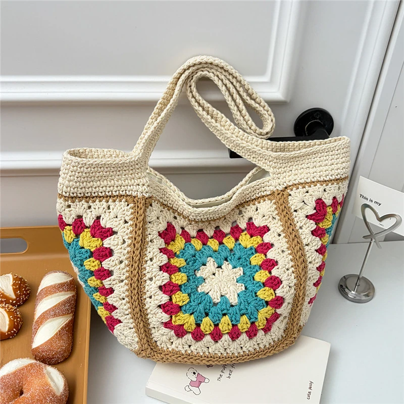 

Women Tote Bag Floral Crochet Large Capacity Knitted Bag Trendy Handmade Cut-out Boho Bag Vintage Multicolor Hollow Out Handbag