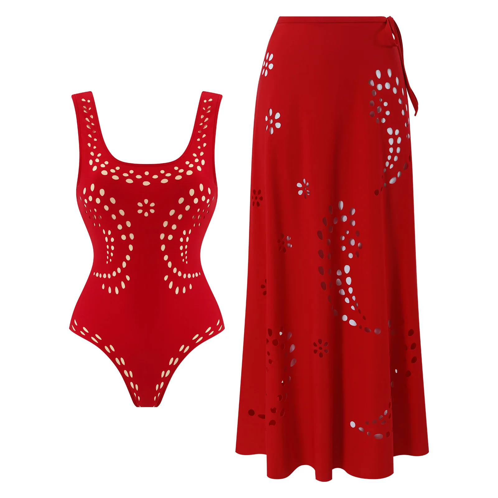 2026 New Women 2 Piece Red Cutout Swimsuit Set One Piece Bathing Suit + Long Wrap Skirt Cover Up for Beach Vacation