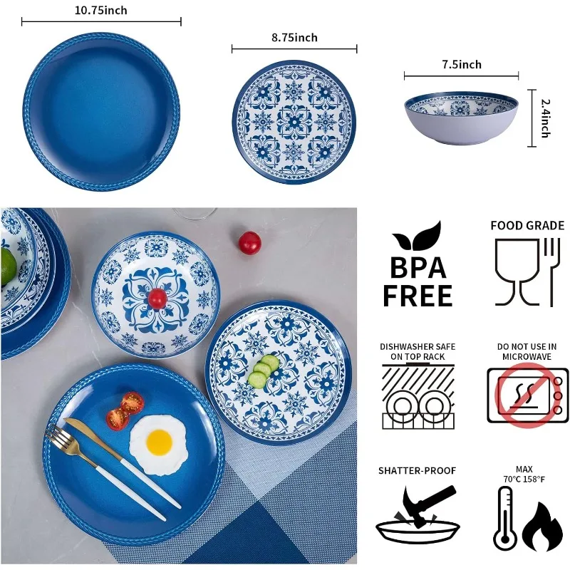 Melamine Dinnerware Set -12pcs Outdoor and Indoor Plates and Bowls Set ,Service for 4, Dishwasher Safe, Blue Flower