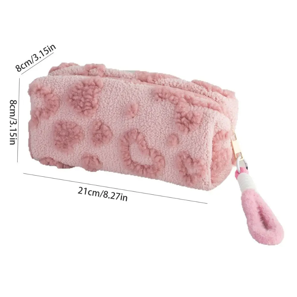 Kawaii Berber Fleece Pencil Case Large Capacity Love Heart Pattern Stationery Bag Lifting Rope Pencil Pouch Student