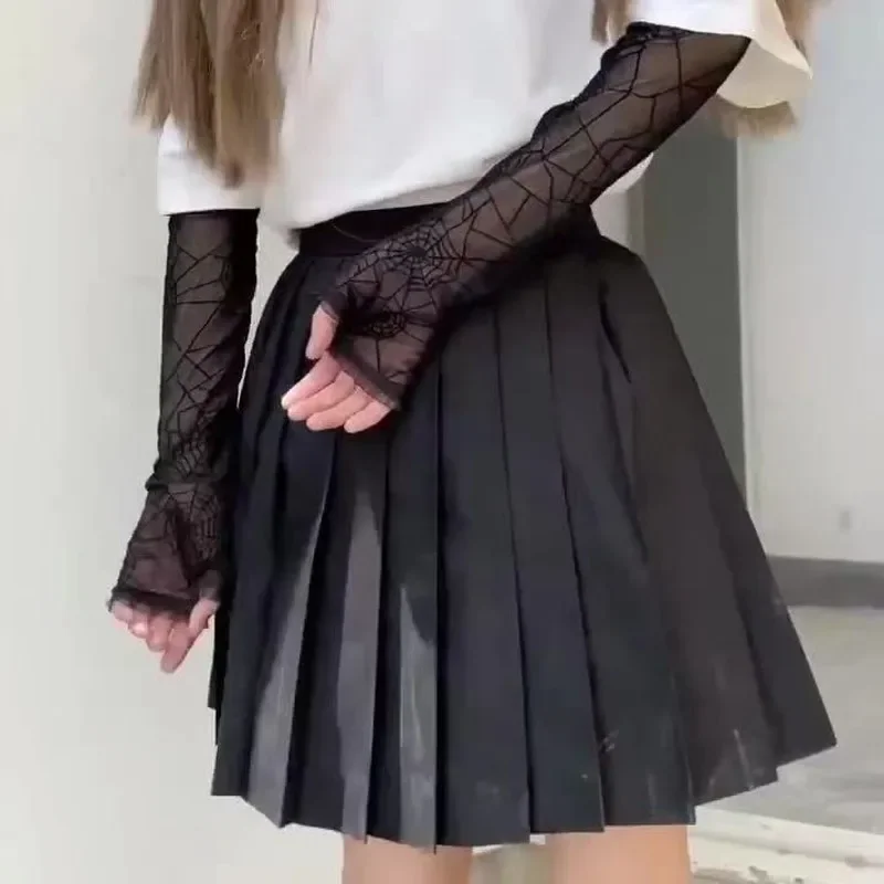 Goth Lolita dziewczyny Punk czarny pająk Web rękawiczki gotyckie bez palców koronki siatki Mitten Harajuku kobiety Sexy pół palca długość rękawy