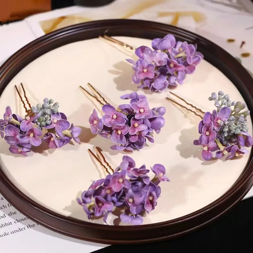 

New Chinese Purple Simulation Flower Hairpin Wedding Bridal Morning Robe Cheongsam Headdress