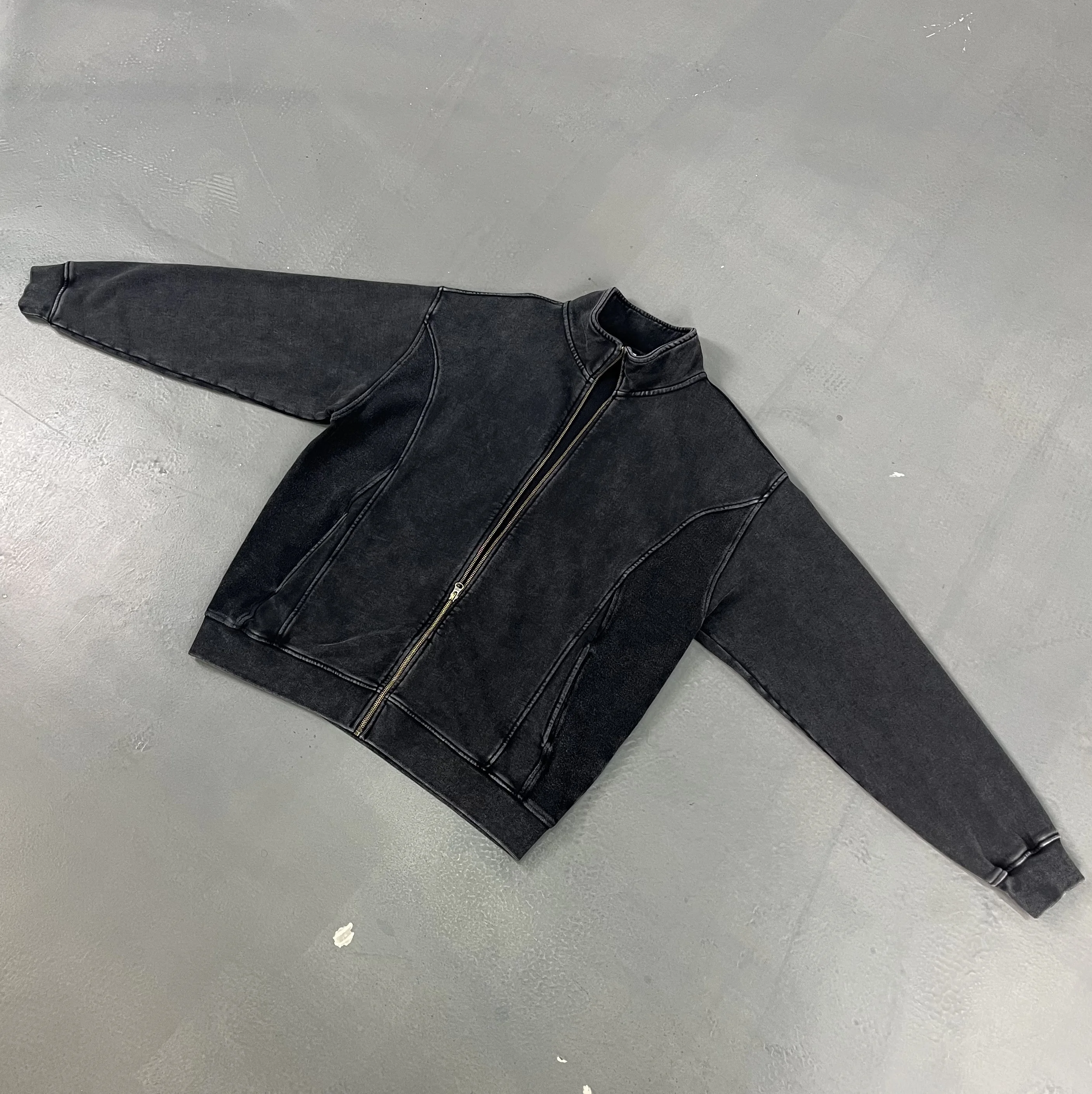 2025 Autumn Winter Stand Up Collar Distressed Zipper Sweatshirt Oversized Washed Zip Up Pullovers Men Outwear Streetwear Y2k