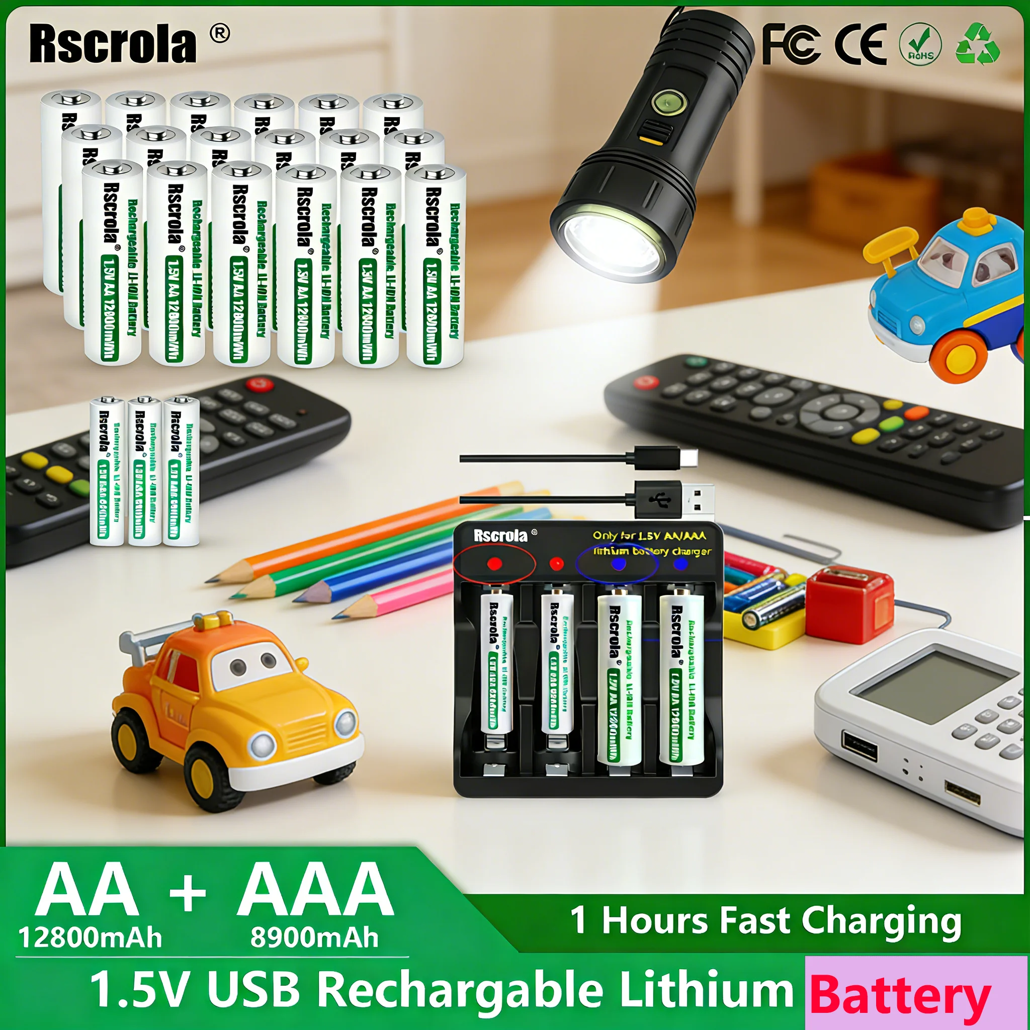 

Rscrola 1,5 В AA 12800 МВтч AAA 8900 МВтч литий-ионная аккумуляторная батарея с четырьмя слотами зарядное устройство быстрая зарядка для электрических игрушек Camara
