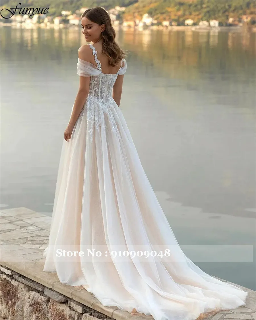 Funyue Fairy Beach Wedding Dresses For Woman Chapel Train Bridal Gown Off Shoulder A-Line Tulle Lace Appliques Vestidos De Novia