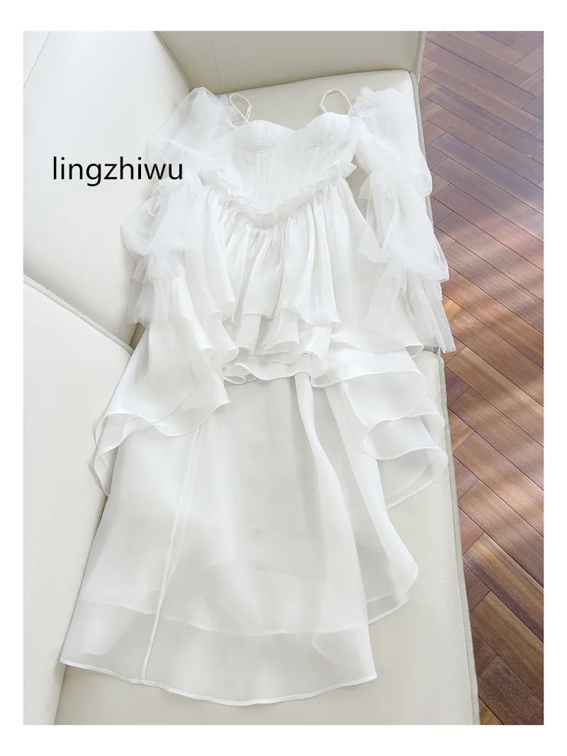 lingzhiwu White Dress Vintage Royal Square Collar Mesh Puff Sleeve Fish Bone Slim Waist Formal Dresses New Arrival