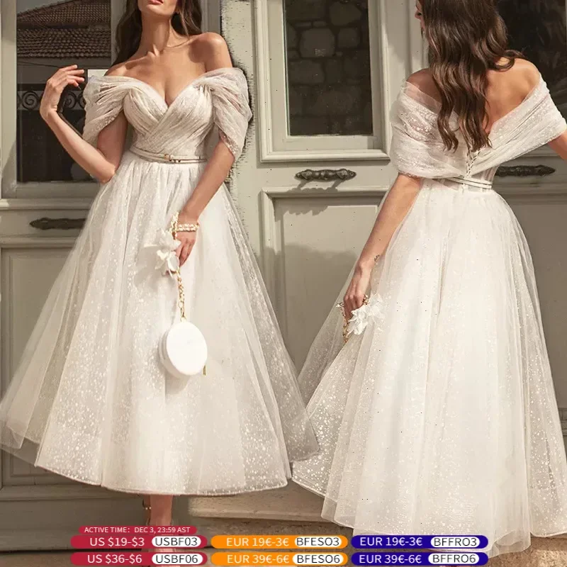 Ladies Wedding Dress 2024 Elegant A-line Bridesmaid Wedding Dress Thin Gauze Dotted Mesh Thin Gauze Beach Short Bridal Dress