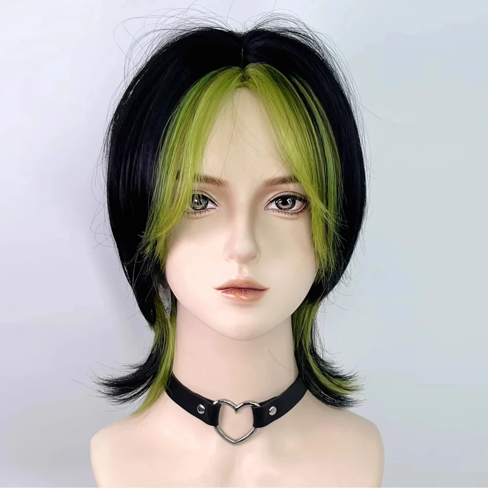 Men Women Wig Synthetic Hair Wig Mullet Head Wig Short Black Ombre Green Straight Wig For Daily Party Cosplay Heat Resistant
