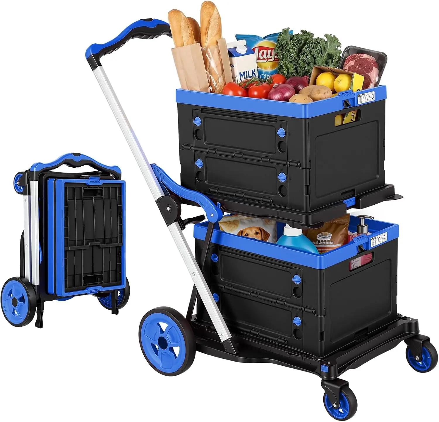 Collapsible Shopping Cart Platform Hand Truck | 200 LBS Capacity Heavy Duty Grocery Cart with Storage Crate and Foot Brake