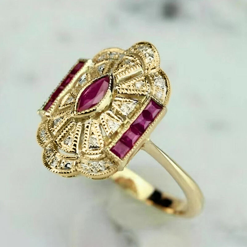 Huitan Gorgeous Red CZ Gold Color Rings for Women Vintage Style Luxury Lady Accessories Party Anniversary Gift Noble Jewelry