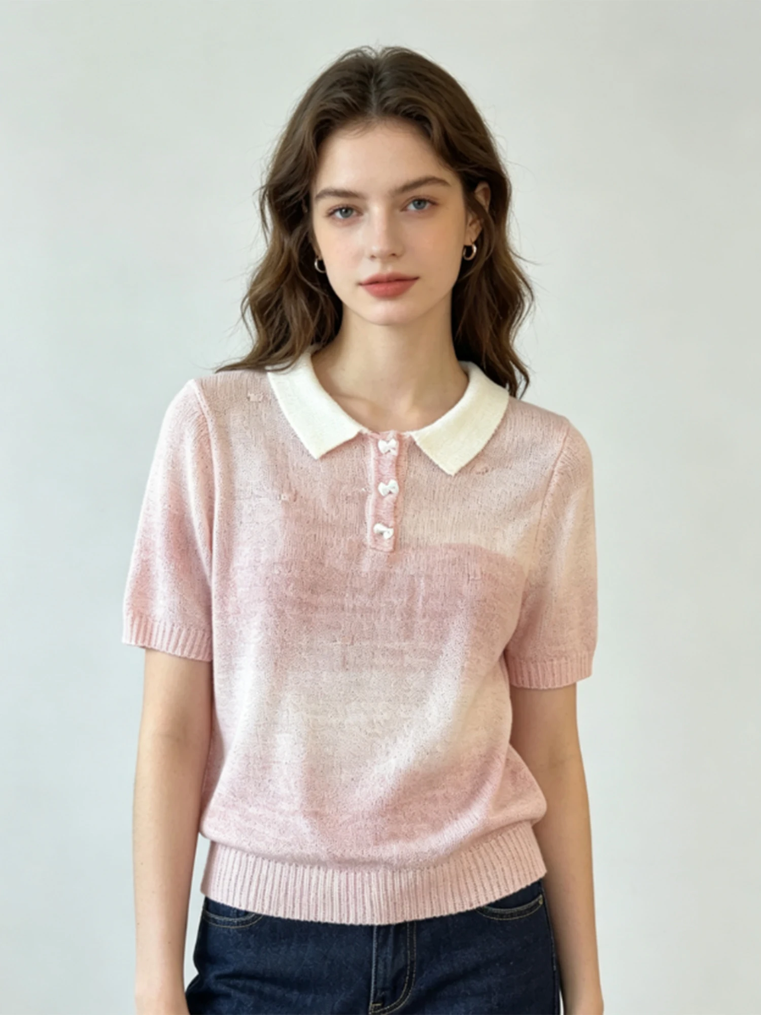 Women's Pink Gradient Knitwear Hollow Out Knit Short Sleeve T-shirt Top Y2K Gyaru Sweet Cropped T-shirt for Women Spring Summer