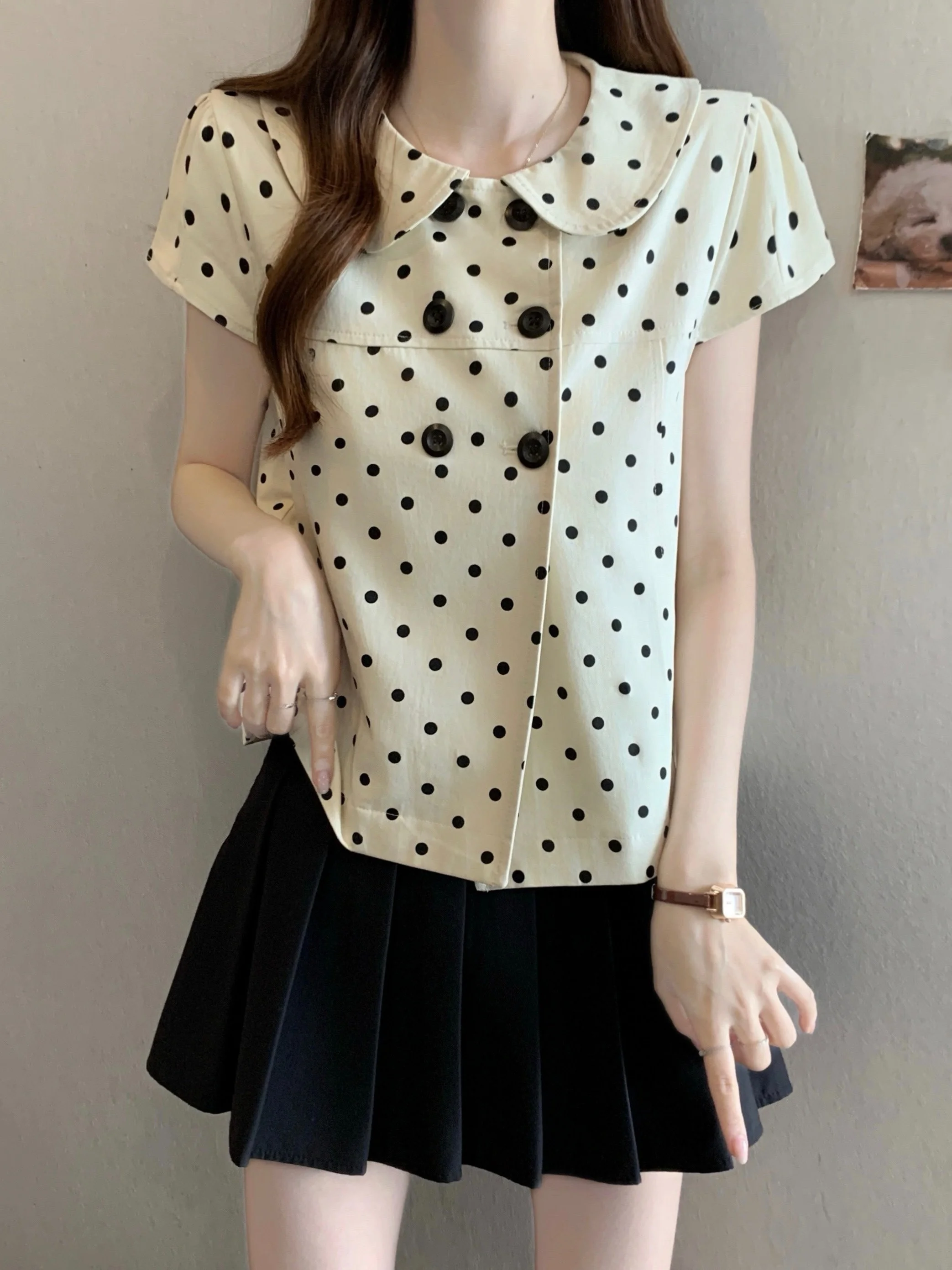 

Женская летняя рубашка с коротким рукавом и воротником в горошек, приталенная, на двойной пуговице, шикарный топ больших размеров в корейском стиле для повседневной носки