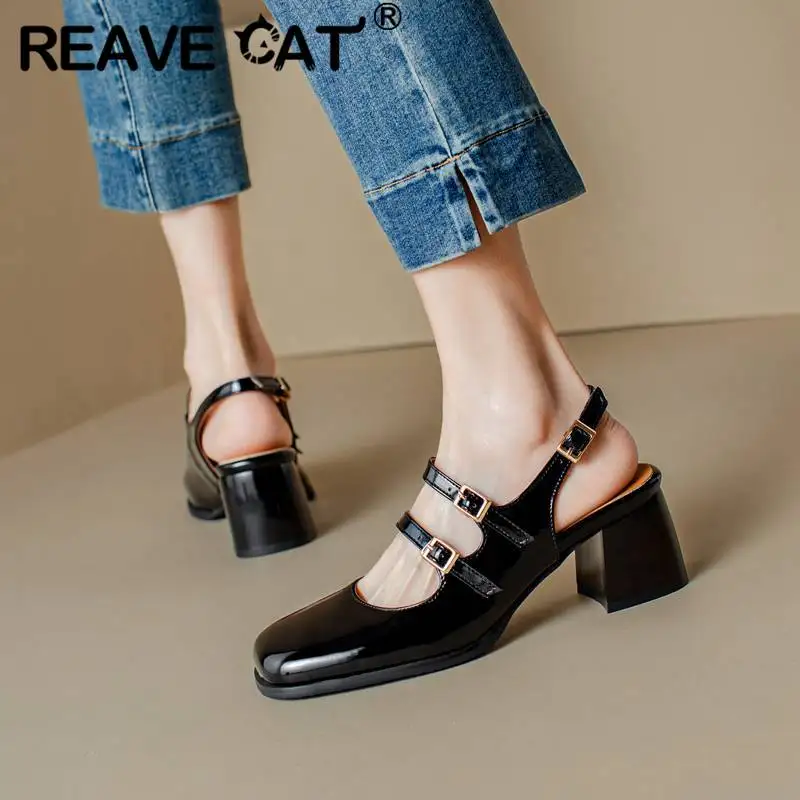 REAVE CAT Women Pumps Toe Chunky Heels 6cm Buckle Straps Elegant Dating Soft Female Shoes Size 42 43 44 45 46