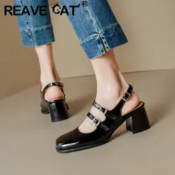 REAVE CAT kobiety pompy kwadratowe Toe masywne obcasy 6cm tylna klamra pasy eleganckie randki miękkie buty damskie Plus rozmiar 42 43 44 45 46