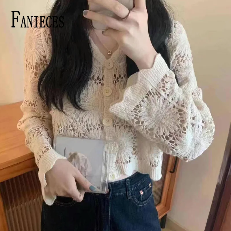 FANIECES Women Summer Cardigan Shirts blusa feminina camisas Hollow Out Embroidery Shirt Blouse Long Sleeve Mesh Design Tops