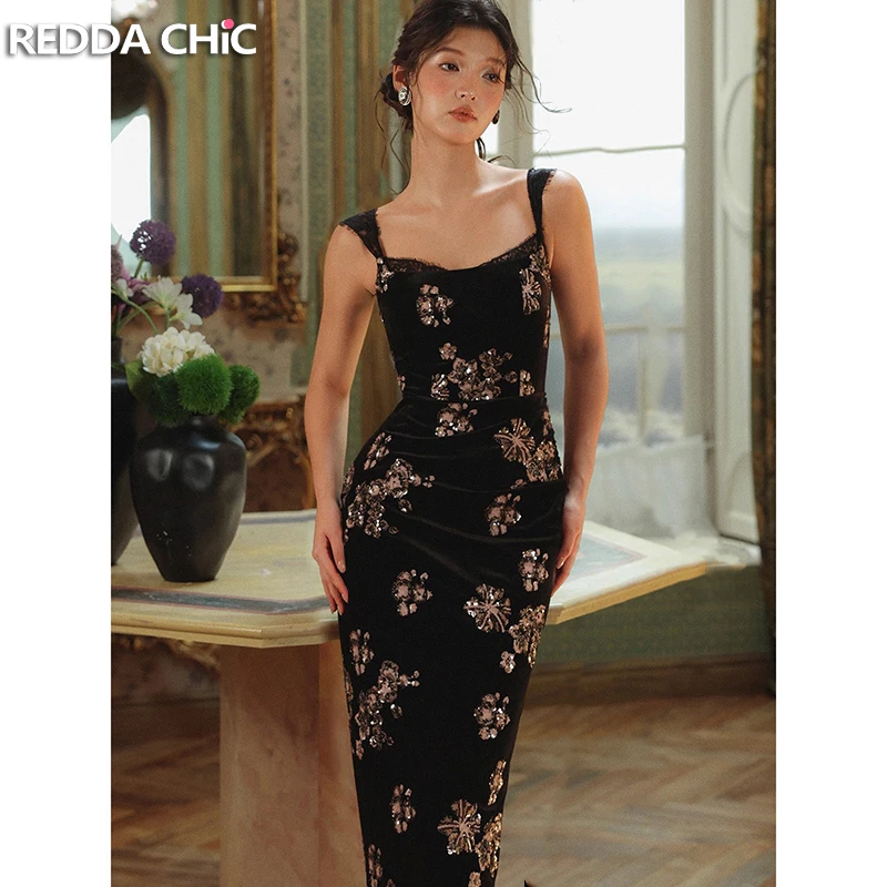 

REDDACHiC бархатное вечернее платье с блестками и цветком, женское длинное платье макси с квадратным вырезом и открытой спиной, с разрезом на спине, элегантная винтажная одежда