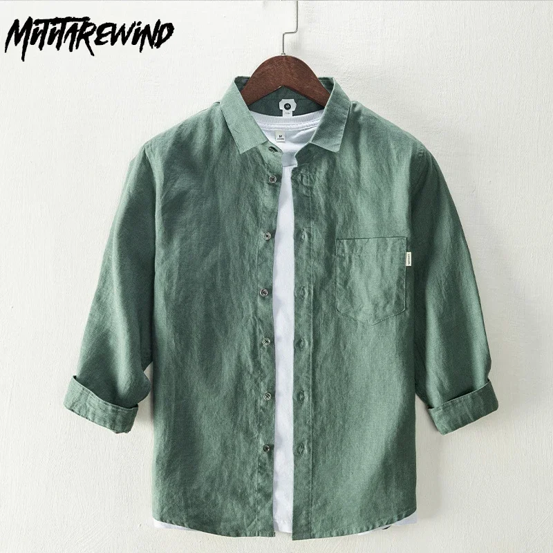 

100% Linen Shirts for Men Casual Breathable Beach Mens Tops Casual Lapel Pocket Three Quarter Sleeve Shirt Daily Simple Shirts