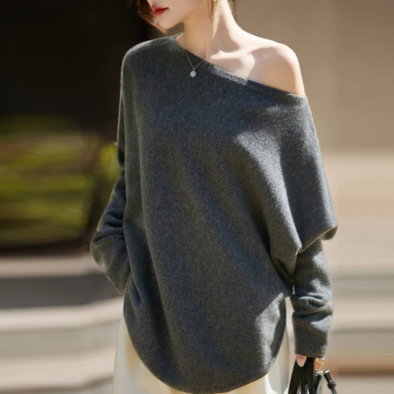 Women's Sweater 100% Pure Wool One Neck Knitted Pullover Fashion Korean Version Bat Sleeve Tops Loose Knit Sweater Autumn Winter