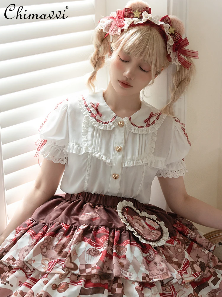 Sweet Girls Doll Collar Lace Short-sleeved Shirt for Women New 2024 Summer New Fashion Lolita Style Cute Elegant Blouse Tops