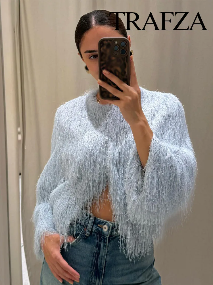 

TRAFZA Autumn Women's New Fashion Casual Jackets Solid O-Neck Long Sleeves Single-Breasted Female High Street Short Coats