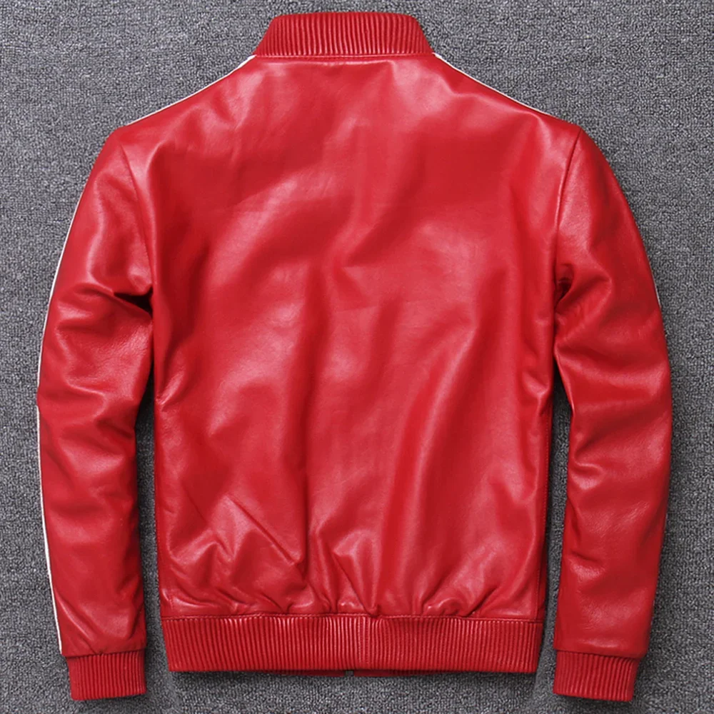 Men's Genuine Baseball Leather Jacket Red Youth Mans Motorcycle Coat Striped Autumn Spring Streetwear Korean Coats 4XL