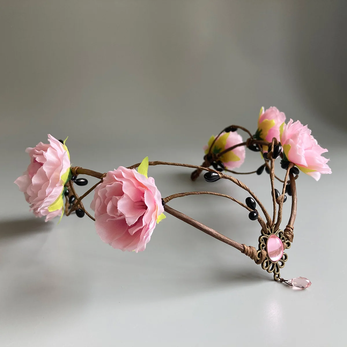 

Pink floral wedding headpiece Forest Woodland Flower Tiara with Swirling Berries Witch Crown Elf Forehead Jewelry Fairycore